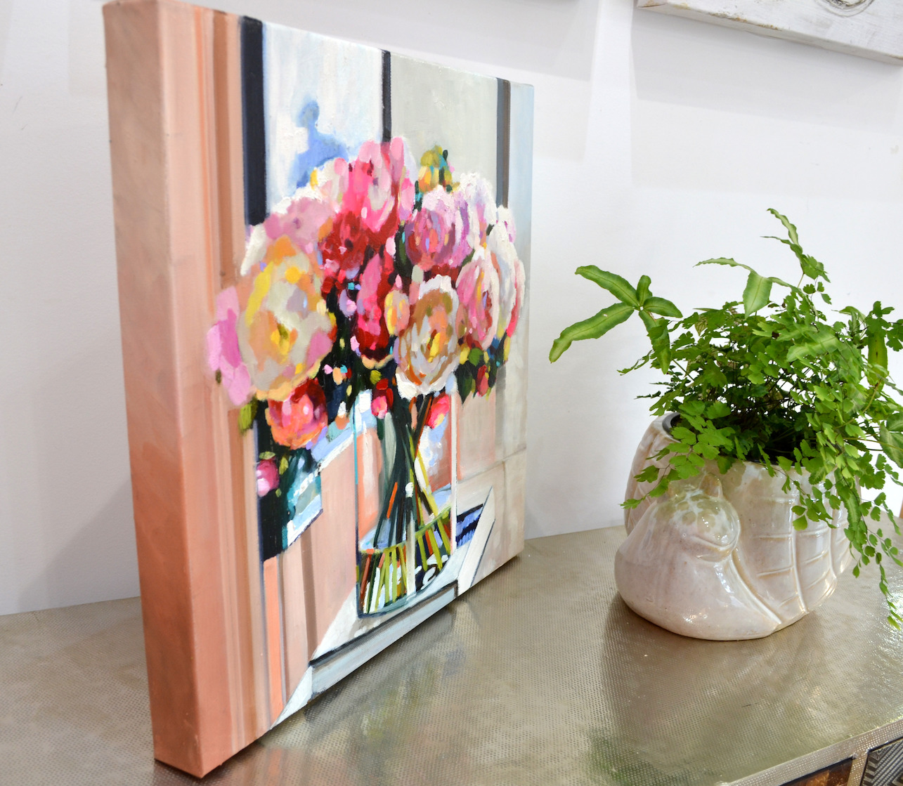 Side View Of Still Life Painting "Beautiful Pink Blossom" By Judith Dalozzo