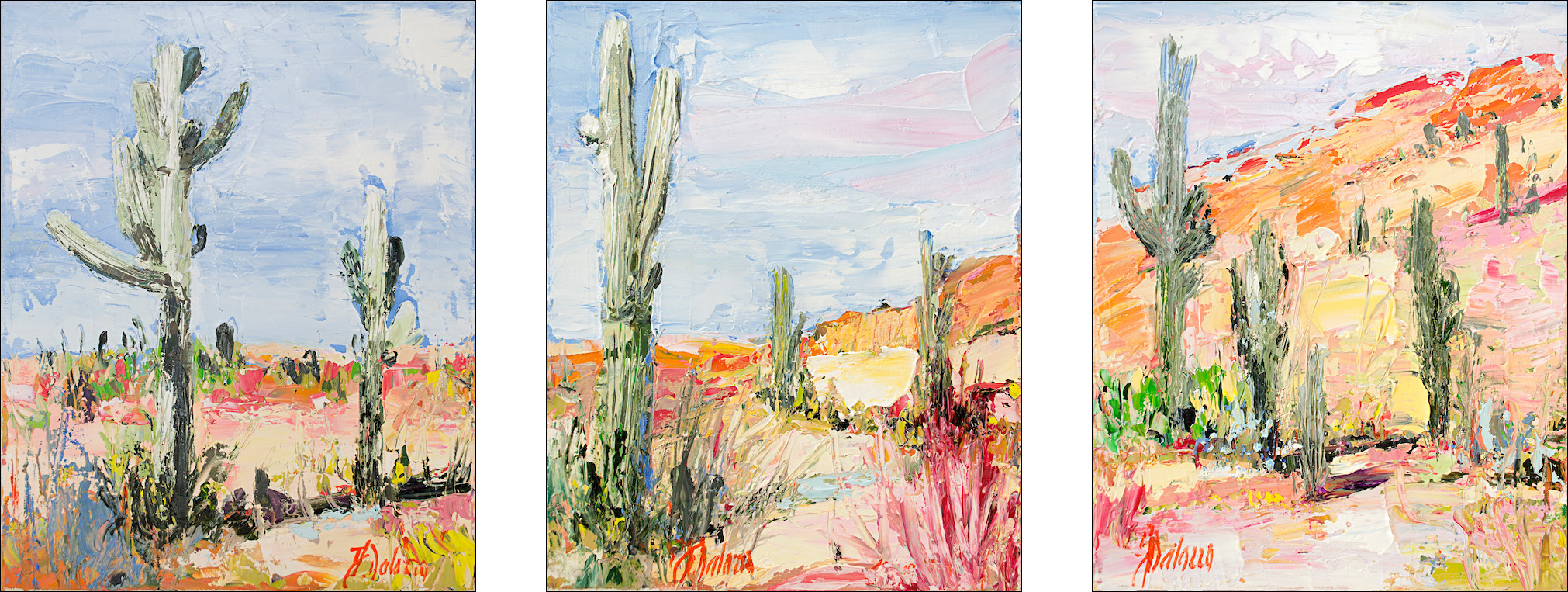 Cacti Landscape "Desert off Track Scottsdale Arizona" Triptych Original Artwork by Judith Dalozzo