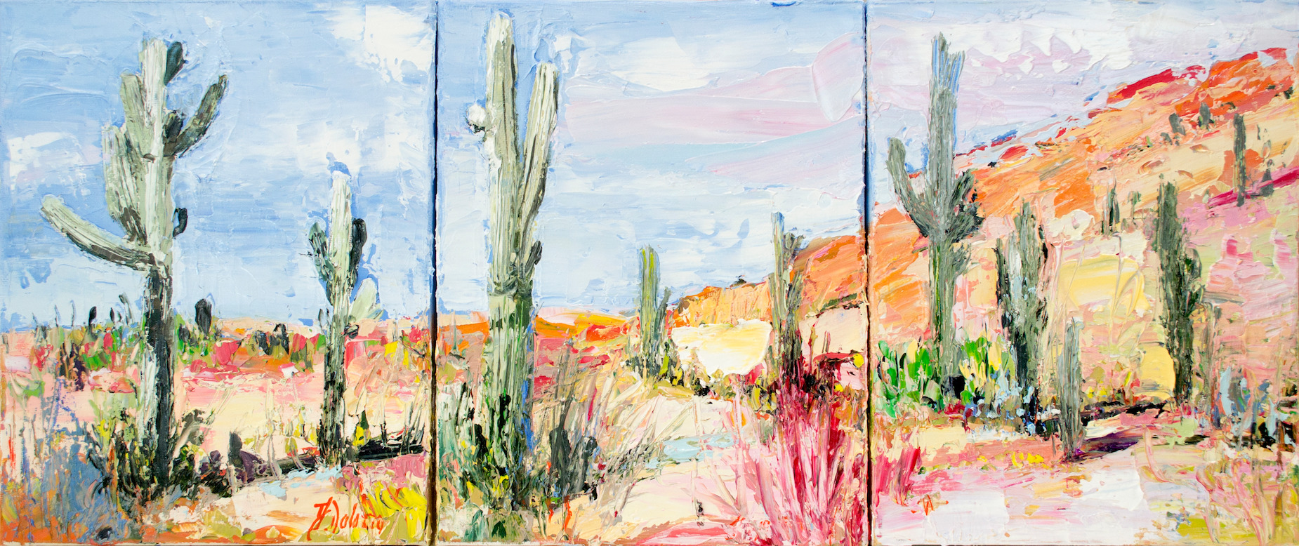 Front View Of Landscape Painting "Desert off Track Scottsdale Arizona" Triptych By Judith Dalozzo