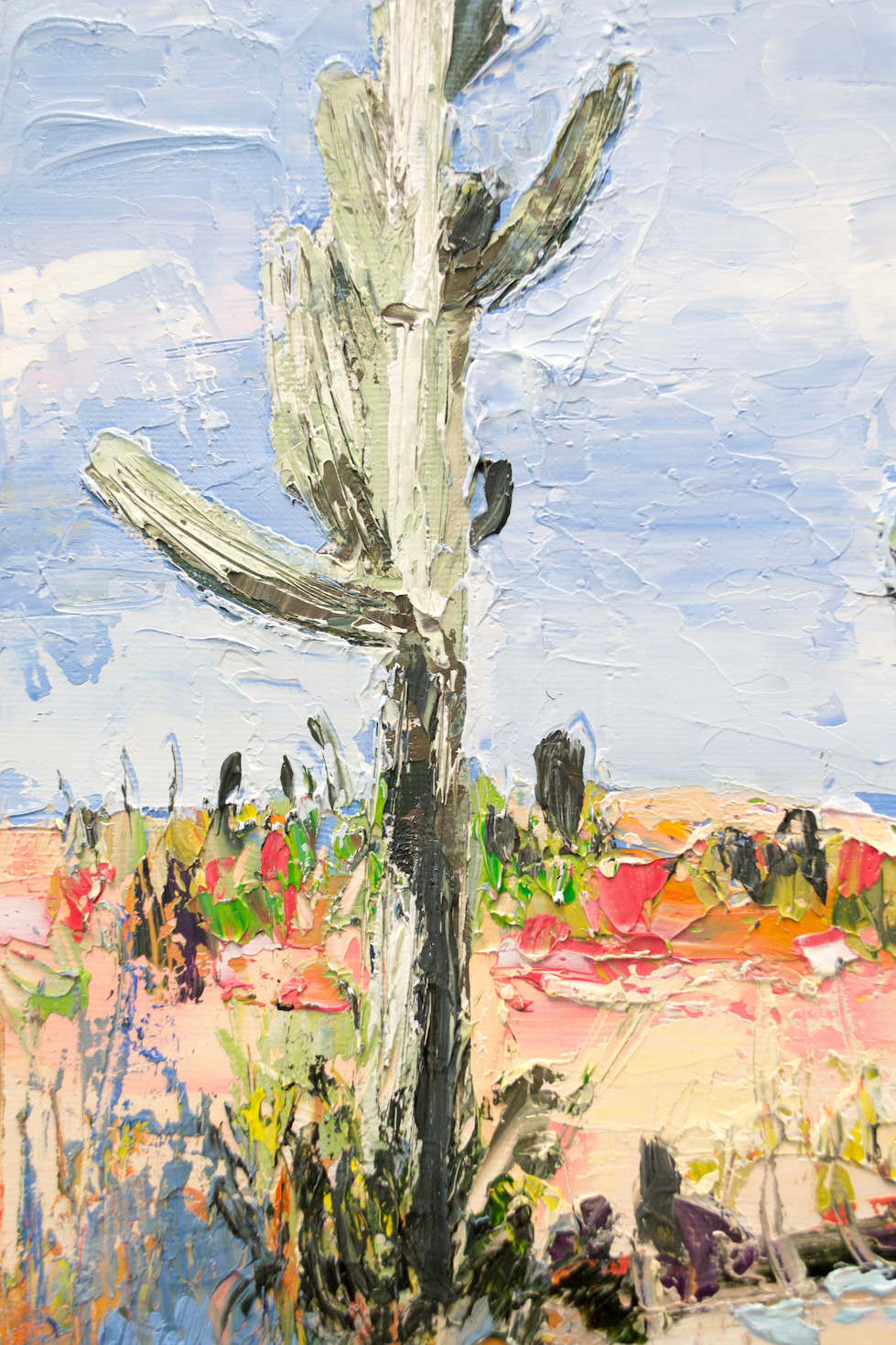 Close Up Detail Of Oil Painting "Desert off Track Scottsdale Arizona" Triptych Left Panel By Judith Dalozzo