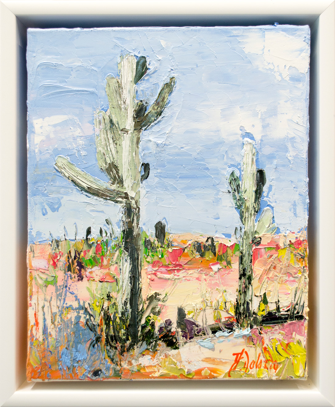 Framed Front View Of Landscape Painting "Desert off Track Scottsdale Arizona" Triptych Left Panel By Judith Dalozzo