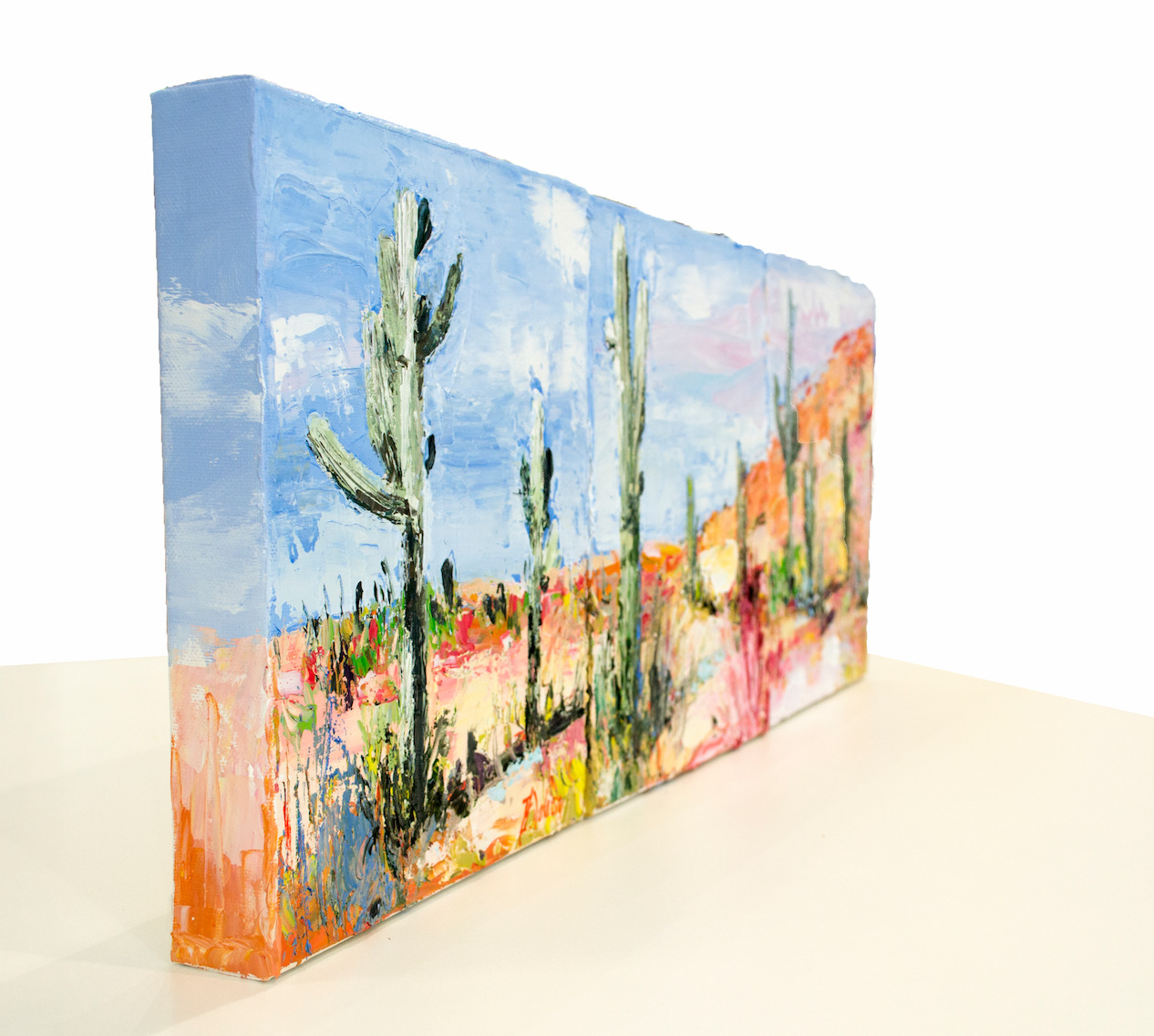 Side View Of Landscape Painting "Desert off Track Scottsdale Arizona" Triptych By Judith Dalozzo