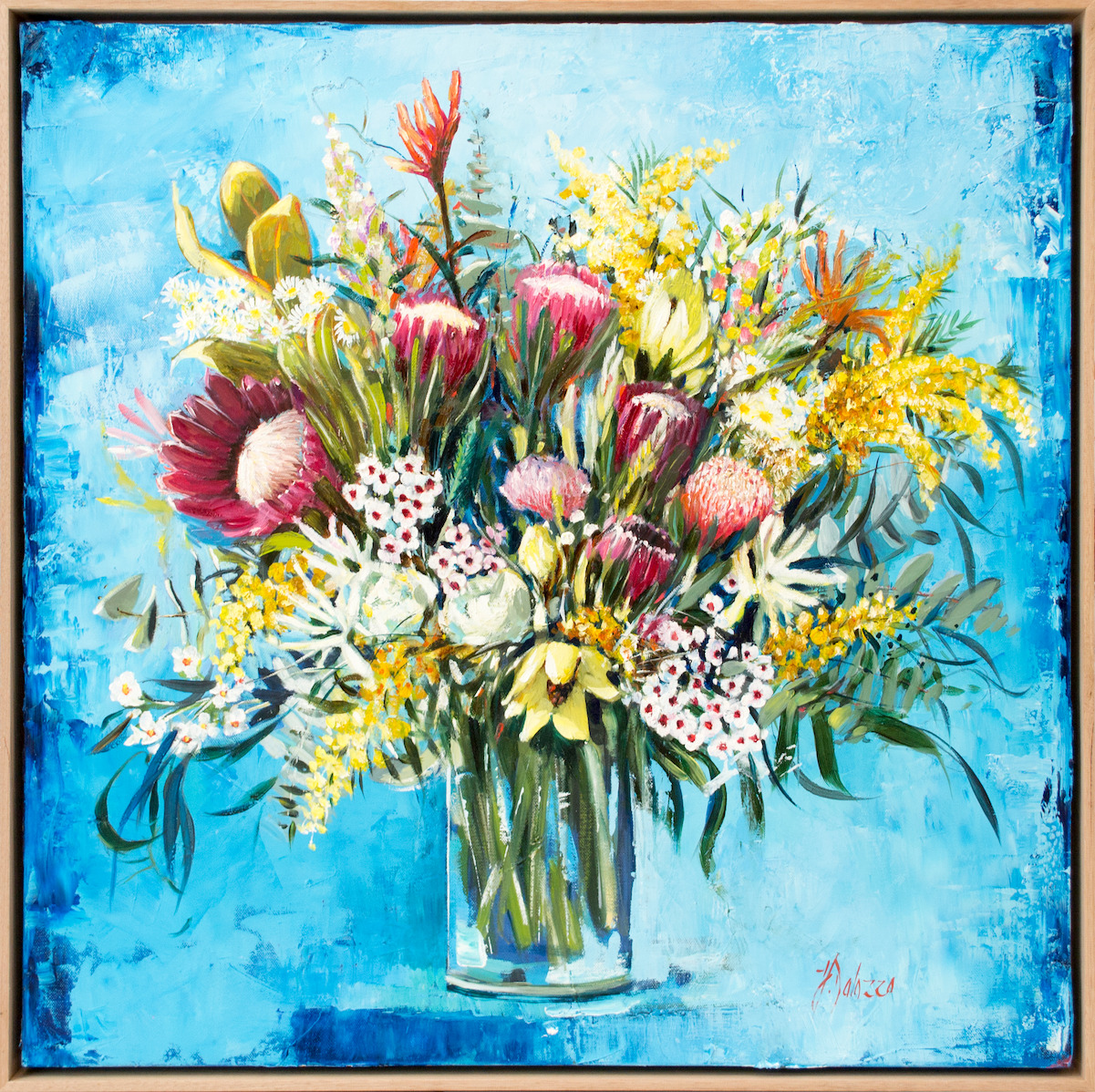 Framed Front View Of Still Life Painting "Native Blooms" By Judith Dalozzo