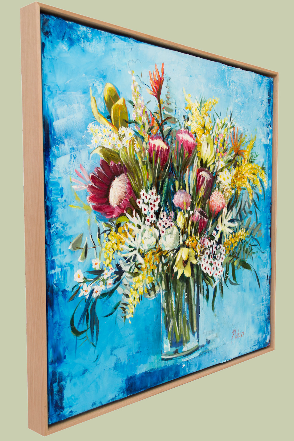 Framed Side View Of Still Life Painting "Native Blooms" By Judith Dalozzo