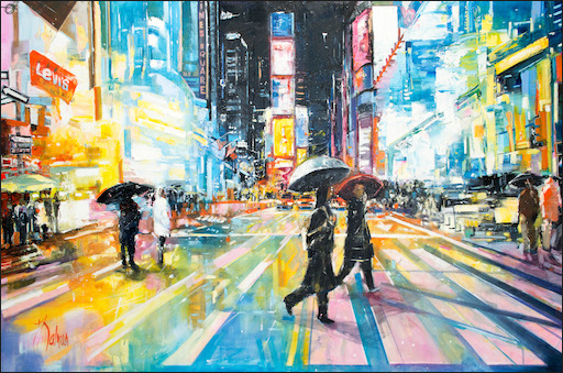 New York Cityscape "October Rain Time Square" Original Artwork by Judith Dalozzo