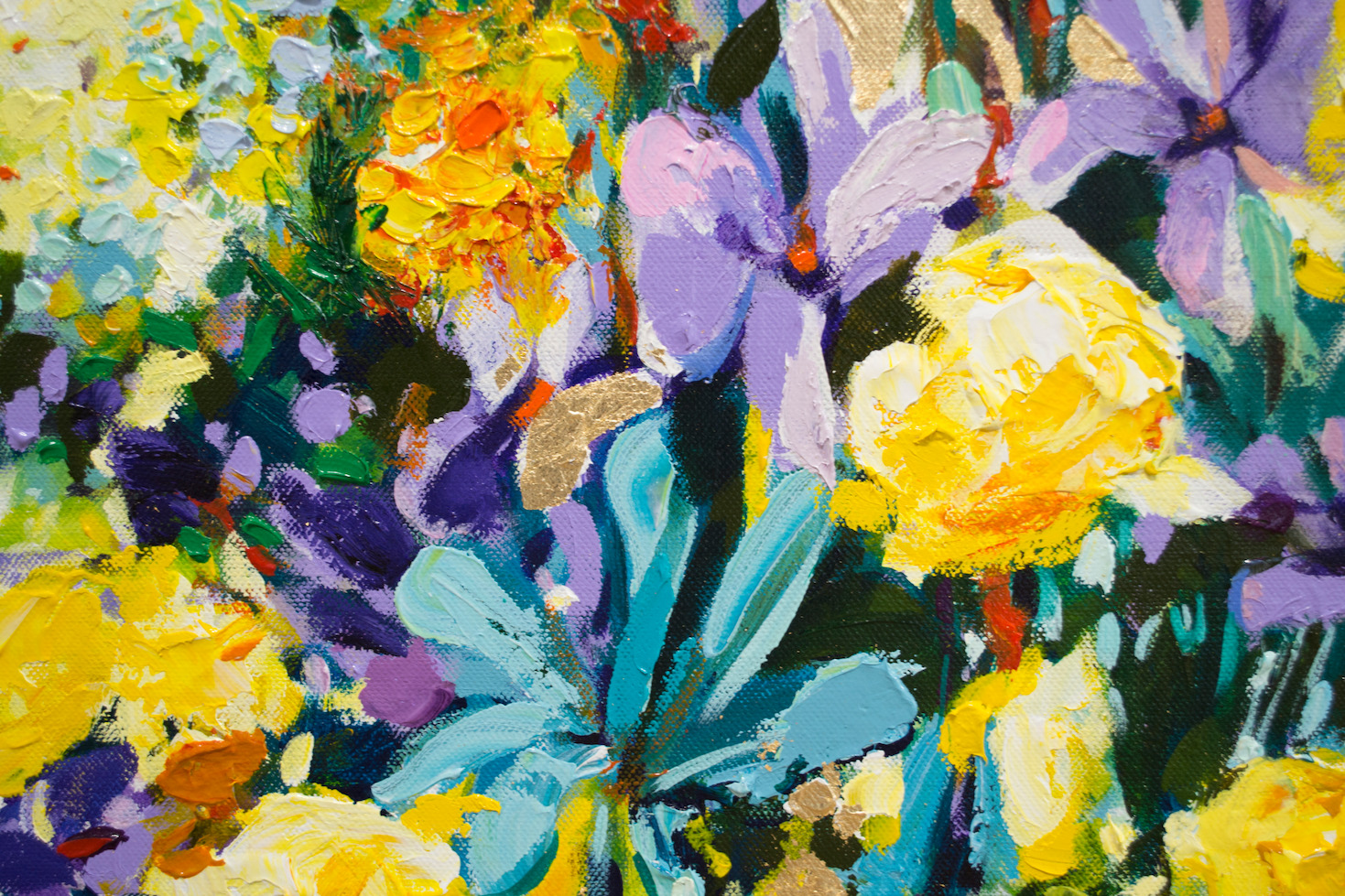 Close Up Detail Of Oil And Gold Leaf Painting "Princess Bouquet" By Judith Dalozzo