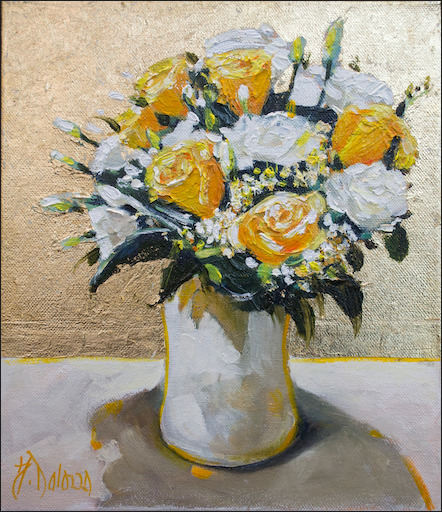 Floral Still Life "White and Yellow Roses" Original Artwork by Judith Dalozzo